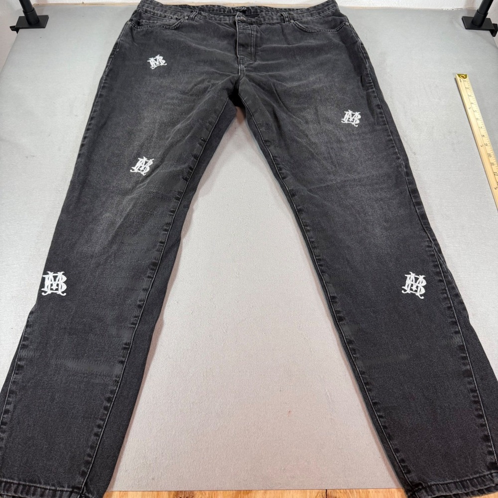 BoohooMAN Mens Embroidered Monogram Straight Leg Jeans Washed Black‎ Size 42